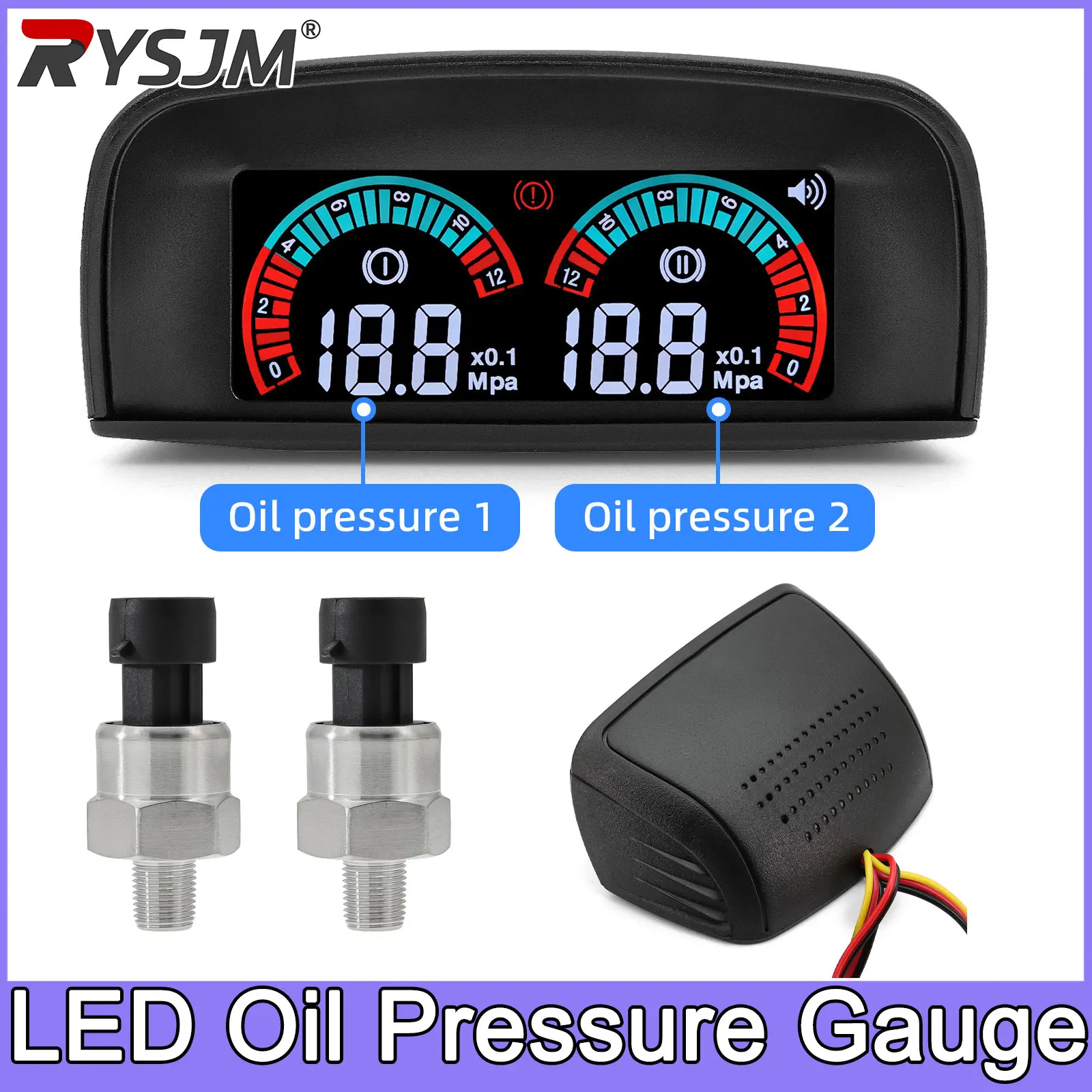 Car Digital Oil Pressure Gauge with Alarm 0.4 Mpa Meter LED Display 9-35V Vehicle with 1/8NPT Sensor Alarm Function Oil Pressure