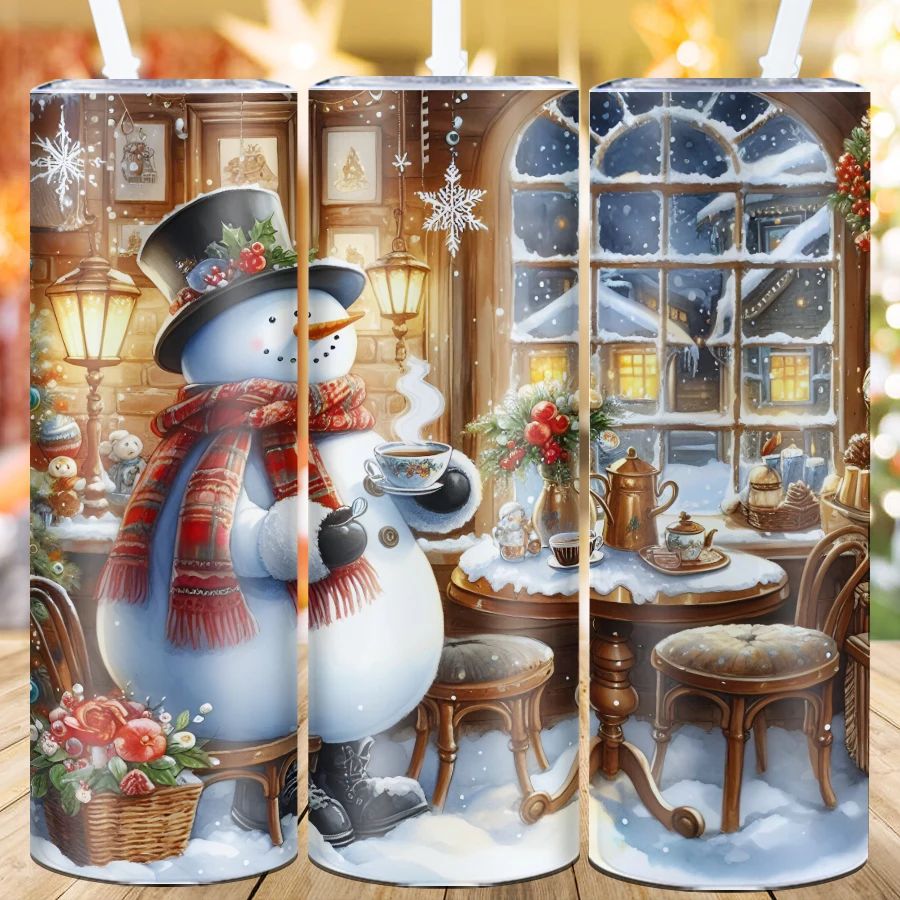 1Pc Merry Christmas Tumbler Straw Lid 20oz 3D Print Snowman Straight Coffee Mugs Skinny Hot Cold Insulated Mugs Family Xmas Gift