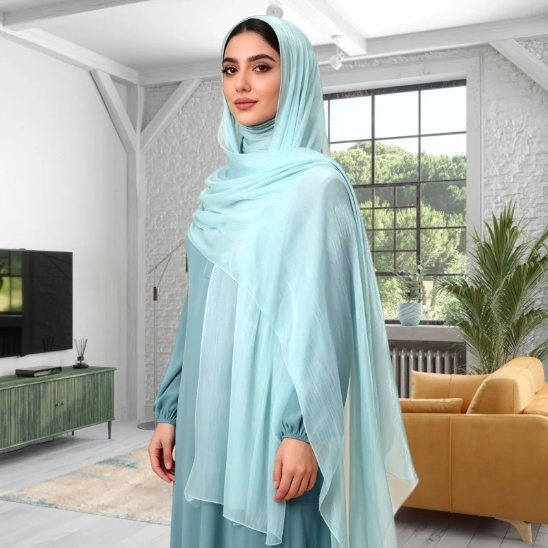 

Horetong Muslim Hijab Malaysia Island Silk Crinkled Chiffon Long Scarf Soft Breathable Cool Shiny Islamic Head Wrap Shawl