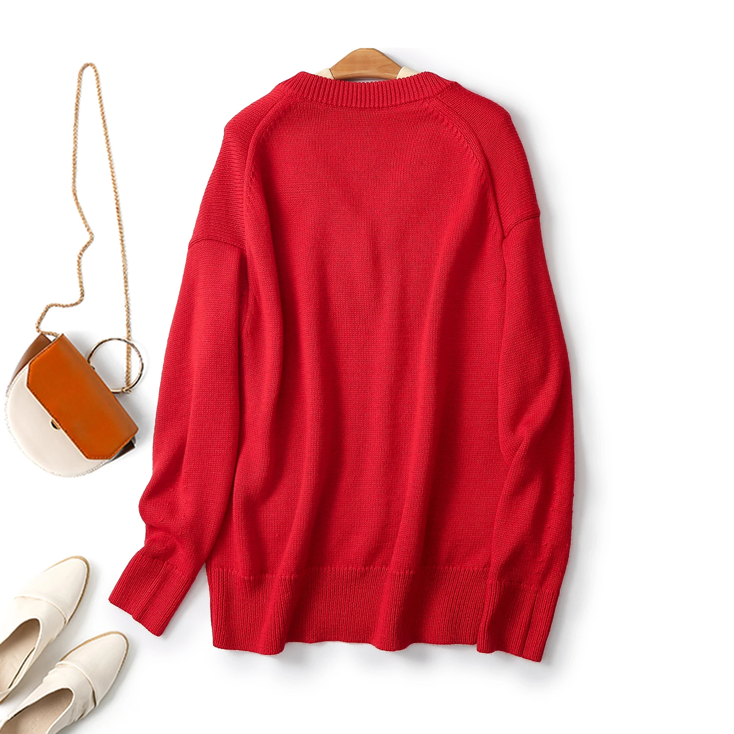 Etereo MD 2024 nuovo stile di maglione a maniche lunghe in misto lana con scollo a v elegante rosso casual da donna