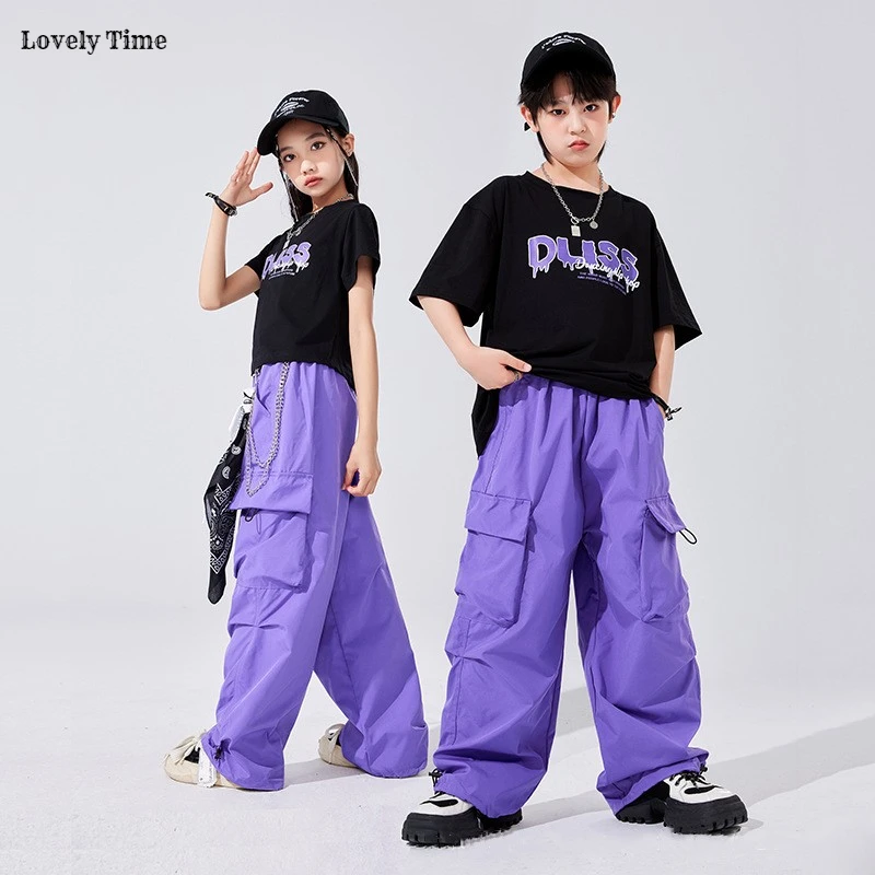 Hip Hop Boys Cool T-shirt Joggers Girls K-pop Street Dance Purple Cargo Pants Clothes Sets Kids Jazz Costume Children Streetwear