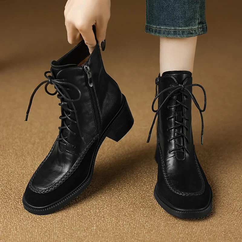 2025 Winter Retro Women Boots Lace Up Chelsea Boots Round Toe Women Shoes Short Pumps Genuine Leather Ankle Boots Western Shoes