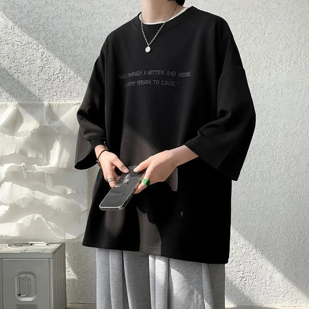 Men T-shirts Boyfriend Loose Oversized Short-sleeved T-shirt O-Neck 3/4 Sleeve Letter Print Drop-Shoulder T-shirt Streetwear Tee