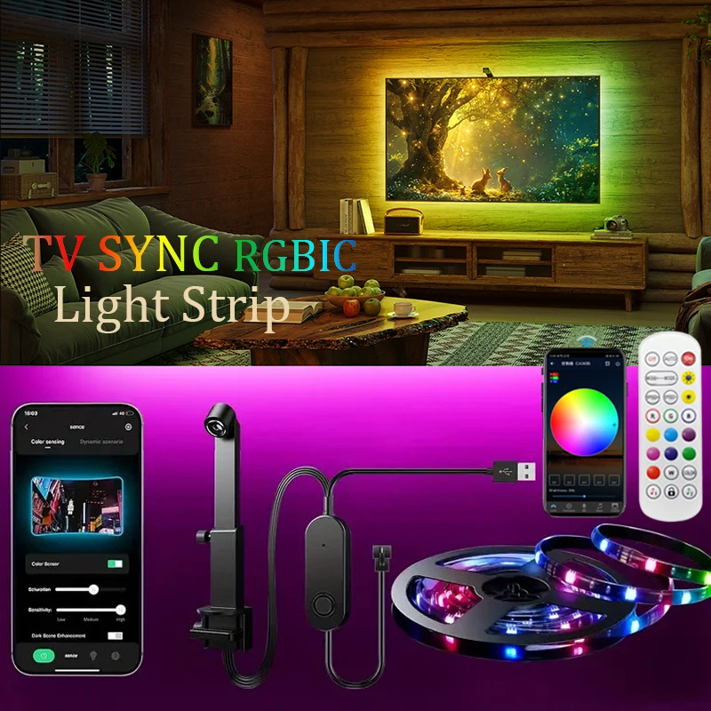 

TV SYNC Backlight LED Strip Lights with RGBIC Color Capture Sensor,PC Backlight Bluetooth Music SYNC USB Light Strip for Game
