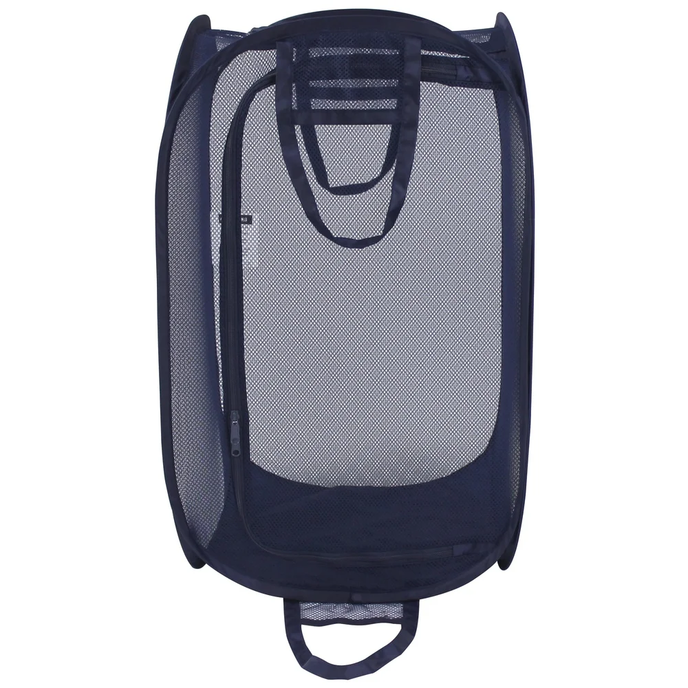 Durable Blue Pop-up Mesh Laundry Hamper with Strong Carry Handles Collapsible Design Easy Storage Holds 2 Loads of Clothes