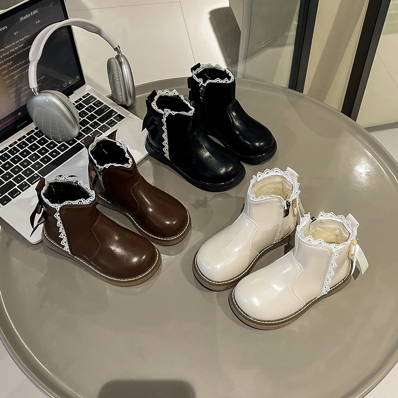 

2025 New Cute Leather Kids Ankle Boots Super Warm Velevt Winter Shoes Girl Low Heel Fashion Butterfly-knot Student Shoes