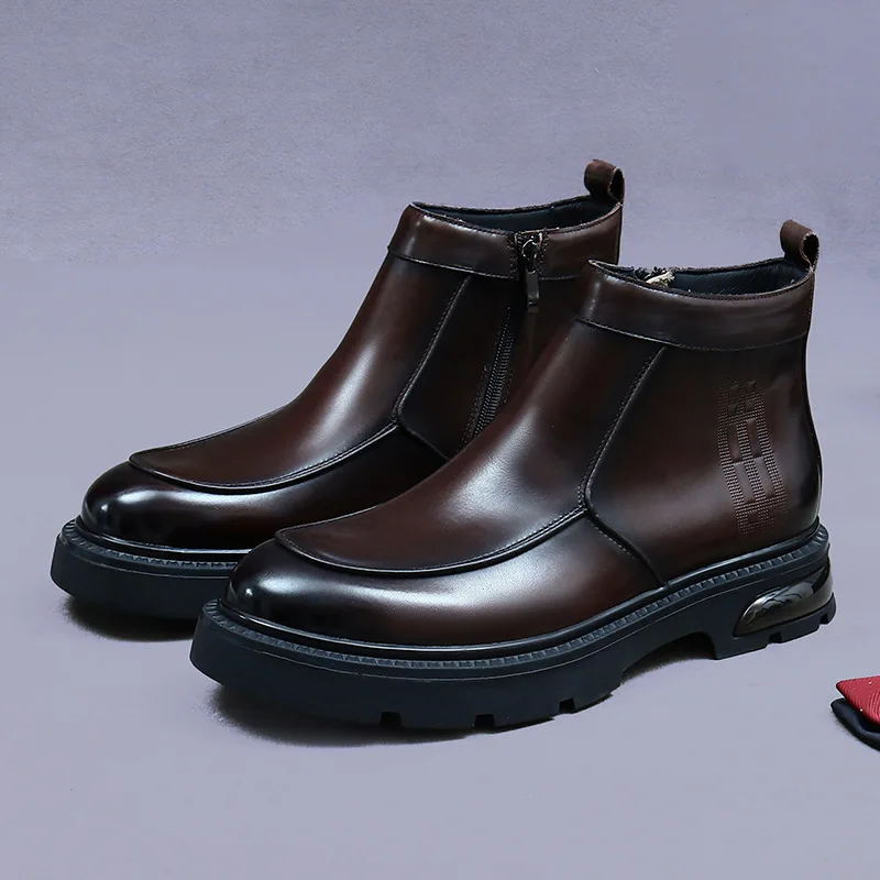 Men's Thick Sole Zip-Up Chelsea Ankle Boots Gradient Genuine Leather Formal Business Dress Boots Non-Slip Comfort Male Footwear