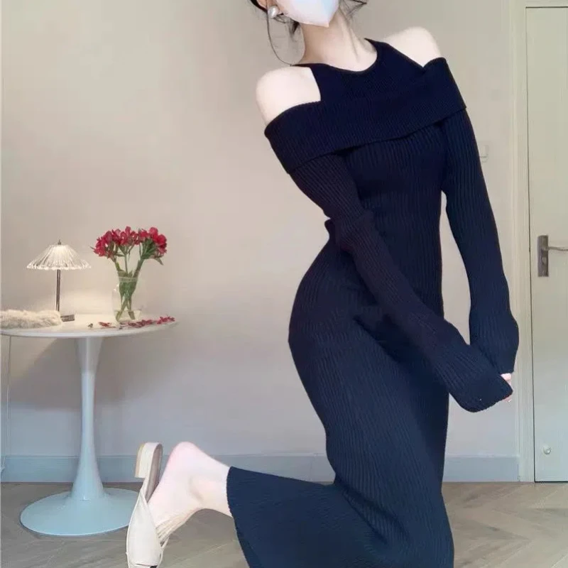 Autumn Winter Pure Desire Style Knitted Off Shoulder One Shoulder Women\'s Clothing Coat with Fishtail Skirt Underneath Dresses