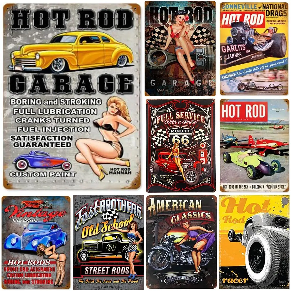 Vintage Pinup Girl Hot Street Rods Garage Full Service Route  Auto Mechanics Metal Tin Sign for Rural Wall Decor  Retro Poster P