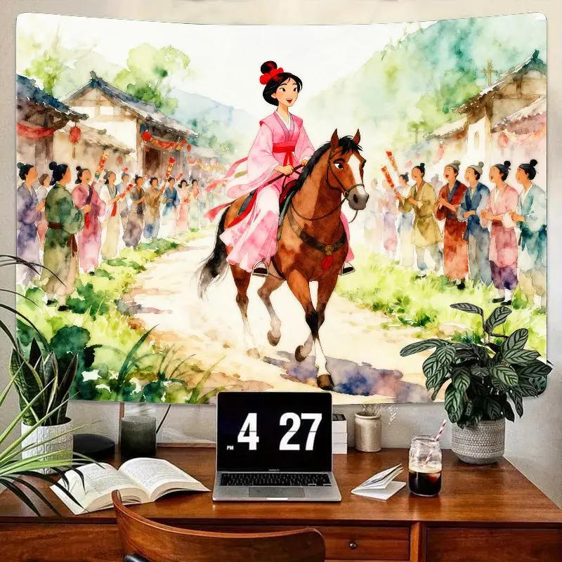

1PC Watercolor Chinese Princess Horse Riding Tapestry, Pink Hanfu Wall Art Modern Aesthetic Home Decor for Living Room Bedroom D