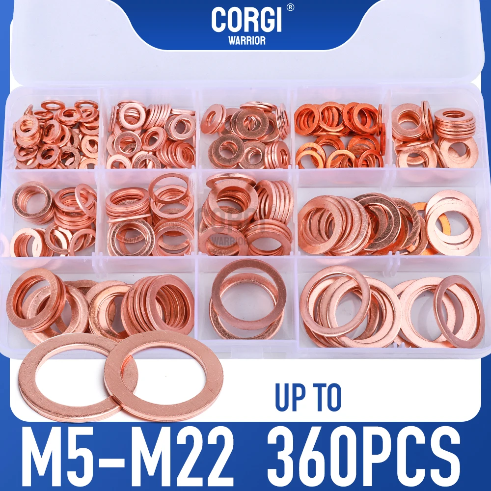 

Flat Brass Washers Assortment kit 80-360 Piece M5 M6 M8 M10 M12 M14 M16 M18 M20 M22 All Sizes Copper Oil Drain Plug Crush Washer