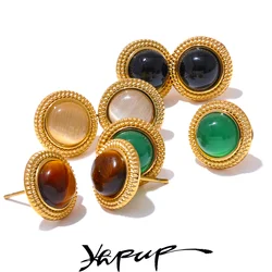 Yhpup Exquisite Natural Stone Stainless Steel Round Small Stud Earrings Waterproof Trendy High Quality Daily Jewelry Bijoux