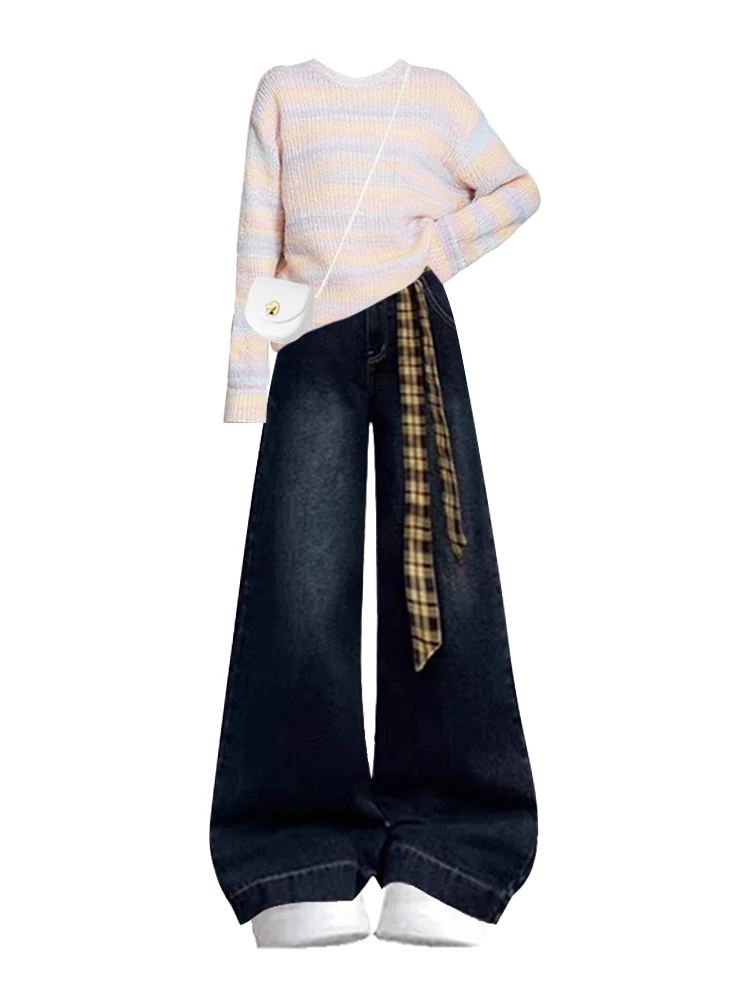 volwassen kleur trui losse winter dames gebreide lange Sve irt met geruite jeans set zachte sle vrijetijdskleding