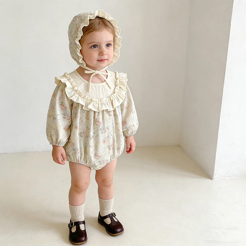 

Новинка 2023 года, весенняя одежда для маленьких девочек 0-24 месяцев, комбинезон для маленьких девочек + шапка, хлопковый комбинезон с длинными рукавами и принтом для маленьких девочек