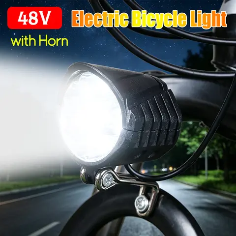 48V Electric Bicycle Light with Horn E-bike Headlight High Brightness Horn Electric Scooter LED Front Light Cycling Accessories