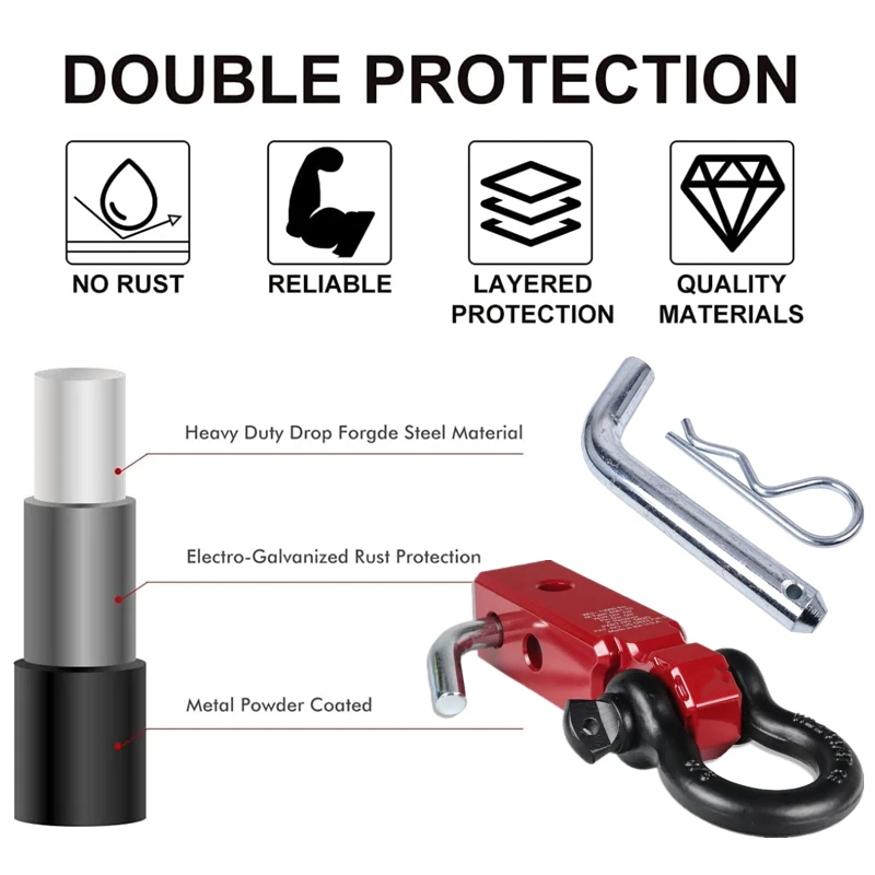 2 INCH Shackle Receiver Recovery Shackle Block Double Hole Powder Coat Red Hitch Member Block Includes Hitch Pin D-ring For SUV