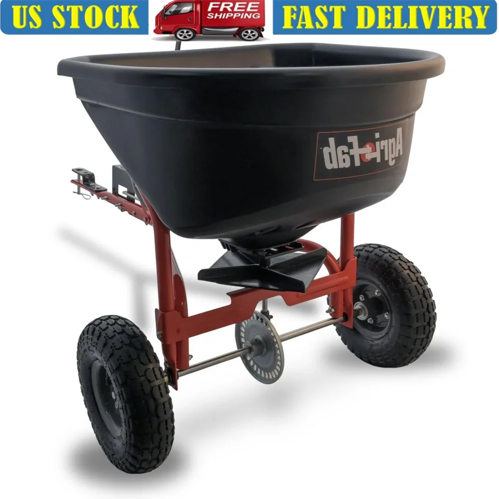 110lb Tow Behind Lawn Garden Broadcast Spreader Seed Fertilizer Salt Ice Melt Easy Flow Control Pneumatic Tires Rustproof Poly