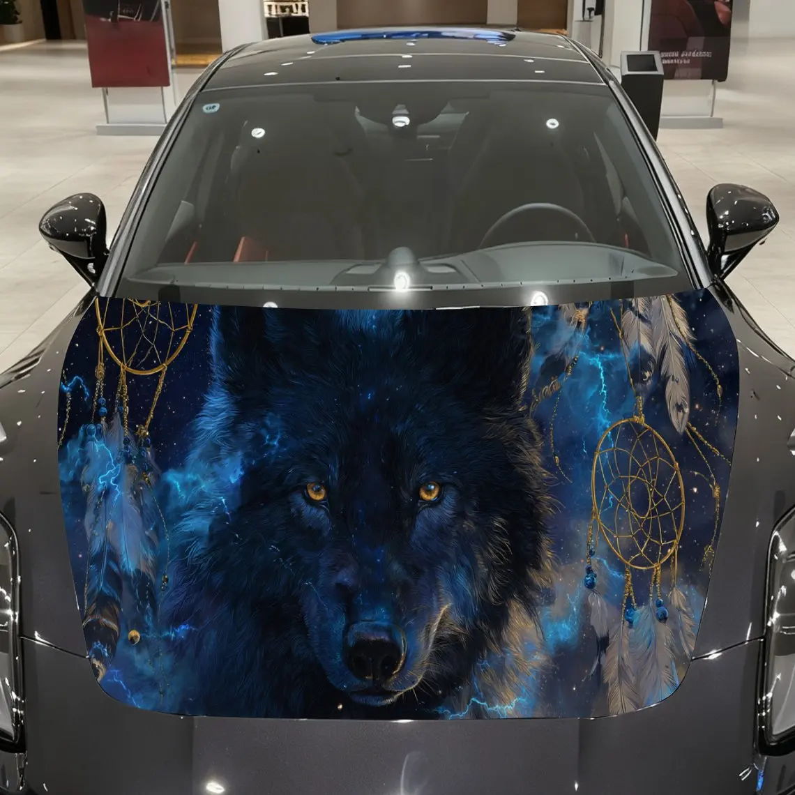 สติ๊กเกอร์ติดฝากระโปรงรถยนต์ลายมิสติกวูล์ฟดรีมแคชเชอร์ วัสดุ PVC กันน้ำ ติดตั้งง่ายด้วยกาวในตัว สำหรับตกแต่งและปกป้องรถยนต์
