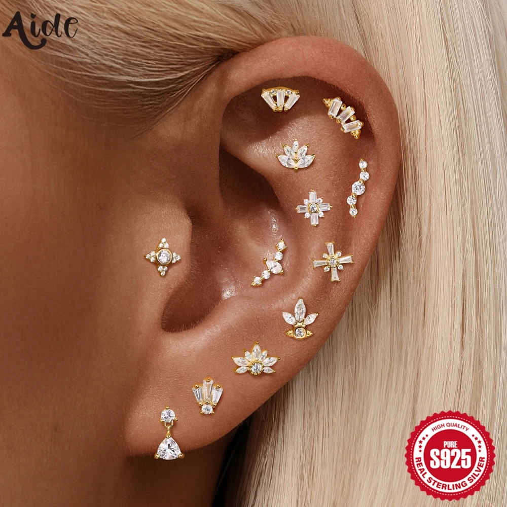 Aide 1PC White Shiny Zircon Cartilage Stud Earrings Spiral Puncture 925 Sterling Silver Earring For Women Ins Ear Bone Earring