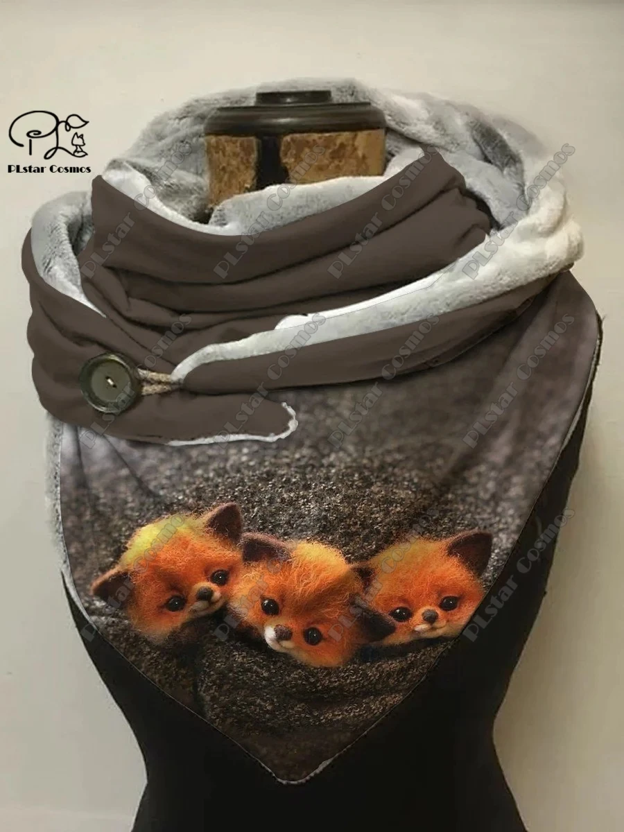 PLstar Cosmos 3D printed animal series cute fox pattern printed warm shawl scarf spring and winter small triangle scarf H-4