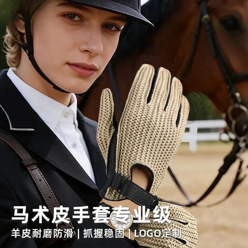 Summer Equestrian Gloves Sheepskin Palm Wear Resistant Pure Cotton Woven Back Breathable Touch Screen Riding Gloves for LOGO