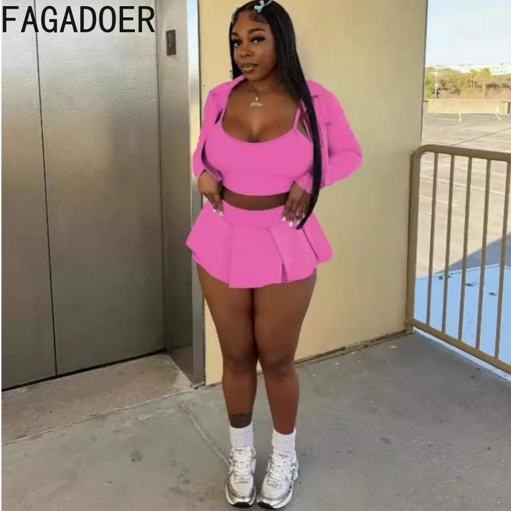 FAGADOER Spring New Y2K Solid Color Pleated Skirts Three Piece Sets Women Vest + Long Sleeve Crop Coat + Mini Skirts Streetwear