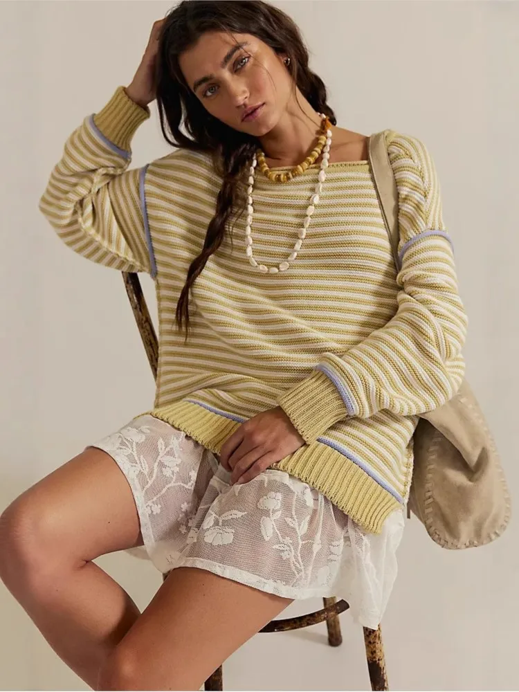 

Зимняя одежда для женщин, универсальный свободный простой свитер в популярном стиле, удобный контрастный полосатый модный модный свитер для поездок на работу