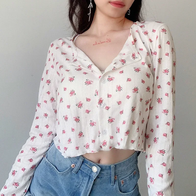 2023 Summer Women New Sweet Floral Print Long-sleeved Cardigan Tops with Fungus Loose and Thin Single-breasted Female T-shirt