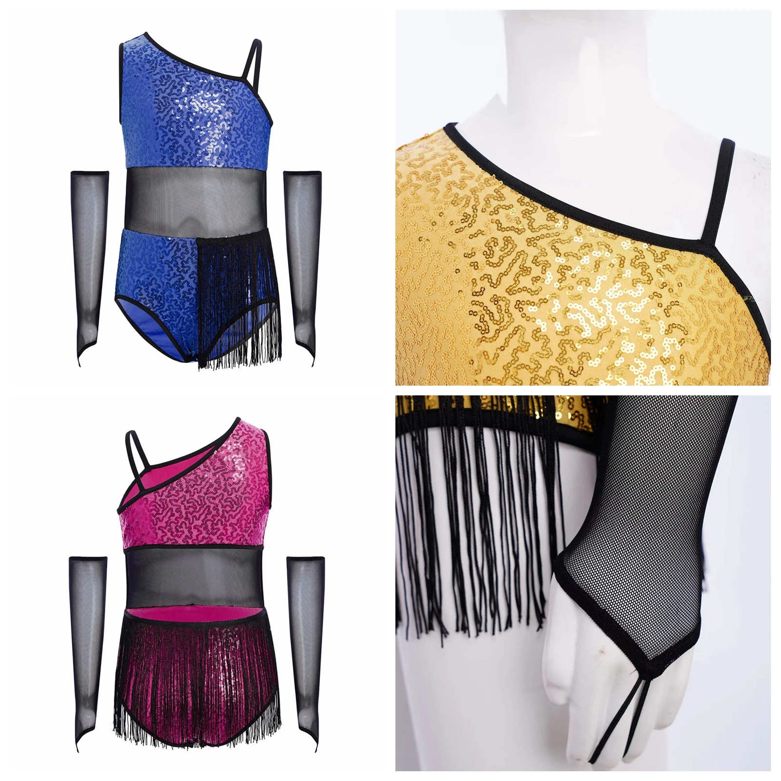 Kids Girls One Shoulder Tassels Bodysuit with Sheer Mesh Gloves Tango Rumba Bodysuits Children's Sequins Latin Dance Leotard