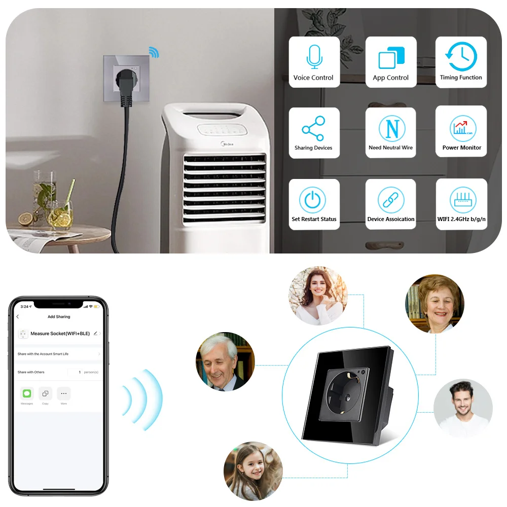 TAWOIA-enchufe de pared con Wifi, toma de corriente eléctrica estándar de la UE con marco de vidrio, Monitor de potencia, funciona con Alexa, Tuya,