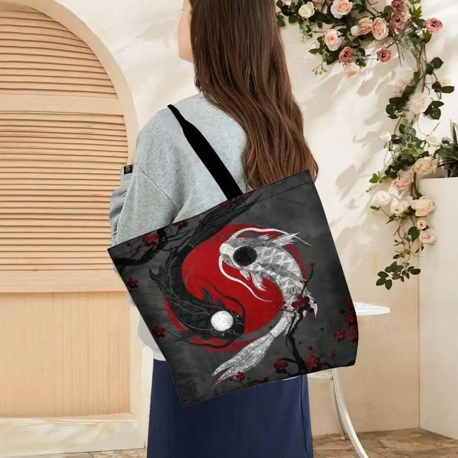 

Yin Yang Koi Fish Tote Bag Japanese Style Cherry Blossom Zen Design Casual Tote For Women Men