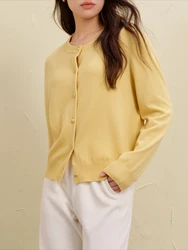 DUSHU 31.5% Wool Women Short Yellow Cardigan Sweaters Round Neck Front Shoulder Knitted Sweater Office Lady Coat Tops 24DS84637