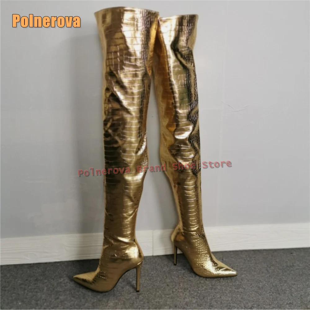 

Сексуальные сапоги выше колена с золотым эффектом крокодила, осень 2022, Новое поступление, модная обувь на шпильке с острым носком и застежкой-молнией для пикантных девушек