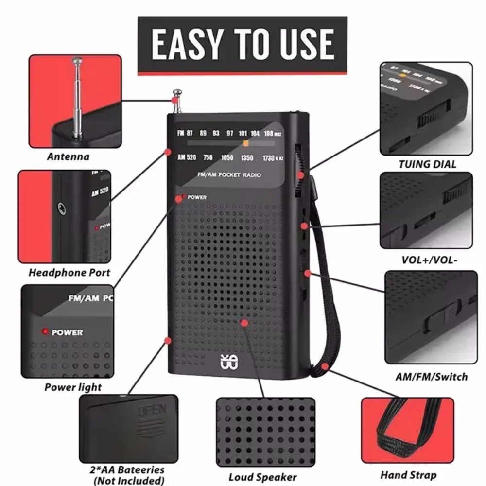 Emergency Survival Full-Band AA Battery Small Portable Radio Mini AM FM Pointer Pocket Radio for Running Compaing Travel Analog