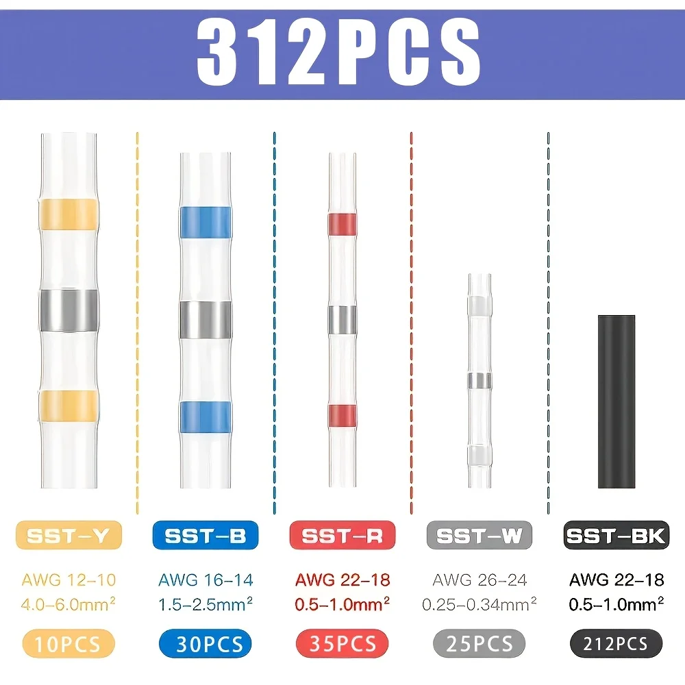 312PCS solder sealing wire connectors, marine-grade heat shrink wire butt connectors AWG 26-10, with detachable storage box, suitable for waterproof wire welding terminals in ship electrical and automotive applications (5 colors/5 sizes)