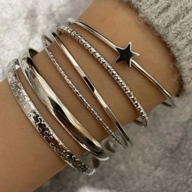 6 peças/set de pulseiras femininas vintage cor prata com padrão de estrela abertura, presentes de joias de festa diários elegantes e modernos