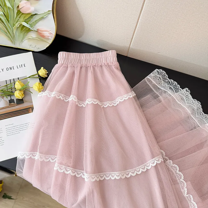 

Летняя женская юбка-пачка Gagaok 2026 в стиле «Нежный ветер», с кружевными вставками, сетчатая, черная, с высокой талией и многослойным подолом