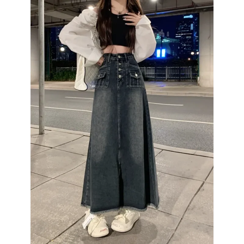 Women's High Waist Frayed Denim Midi Skirt New Style for Autumn and Winter Retro Design Sense Vintage Washed Long Skirt