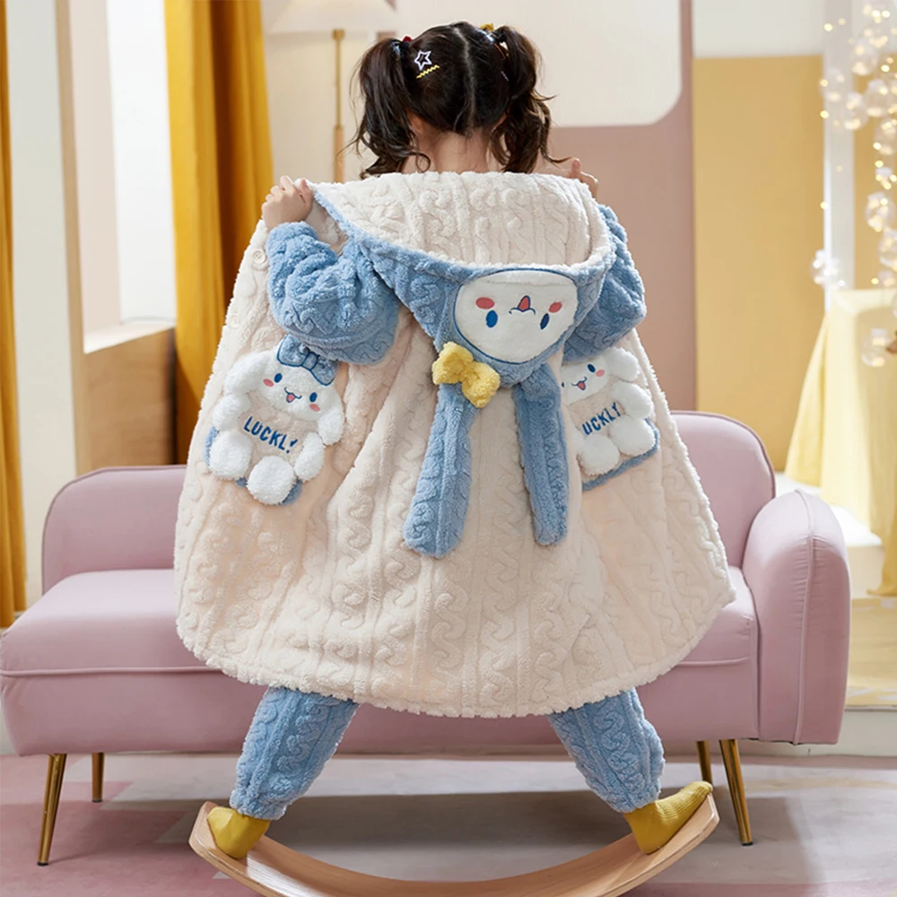 Kawaii Cinnamoroll Kuromi Melody Girl Children's Plush Pajamas Robe Sanrioed Winter Anime Warm Thicken Parent-Child Home Wear