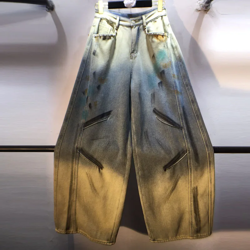 

2025 Autumn Winter New Painted Graffiti High Waist Slimming Fleece Lined Thickened Straight Leg Jeans, Europe Long Pants Women