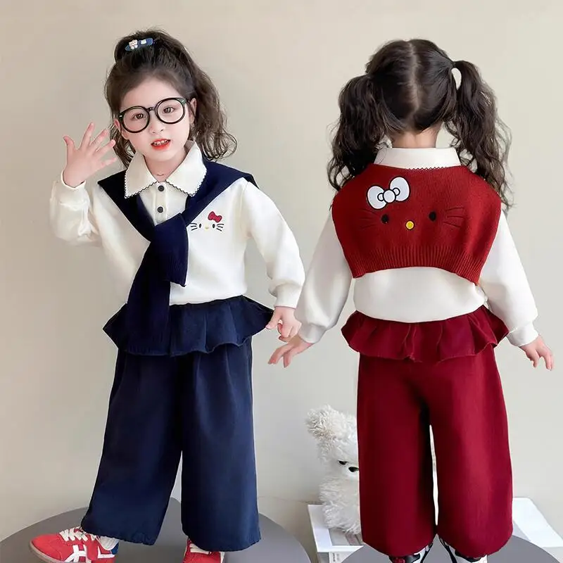 

Sanrio Hello Kitty Pullover Pants Shawl Three-Piece Set Girl Spring Autumn Tops Child Kawaii Cartoon Fashion New Casual Clothing