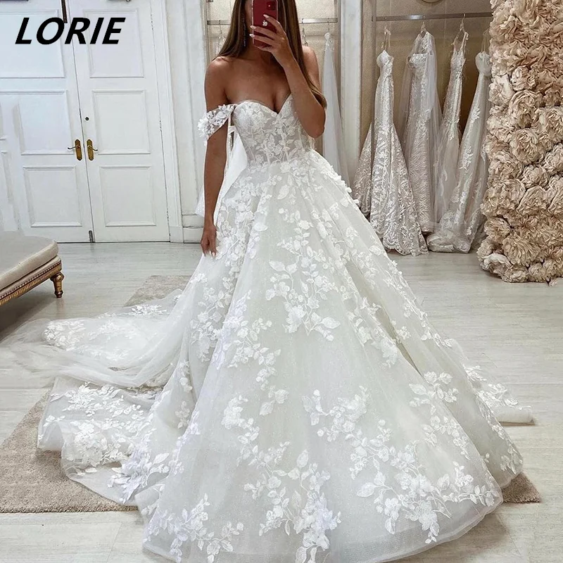 LORIE Exquisite Lace Off Shoulder Wedding Dresses Short Sleeves Sweetheart Boho Bridal Gowns vestidos de novia