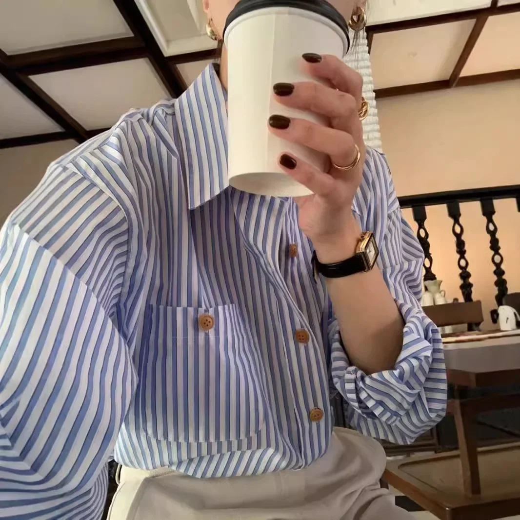 

Korean chic early spring new Korean simple striped versatile casual commuter loose shirt women's top