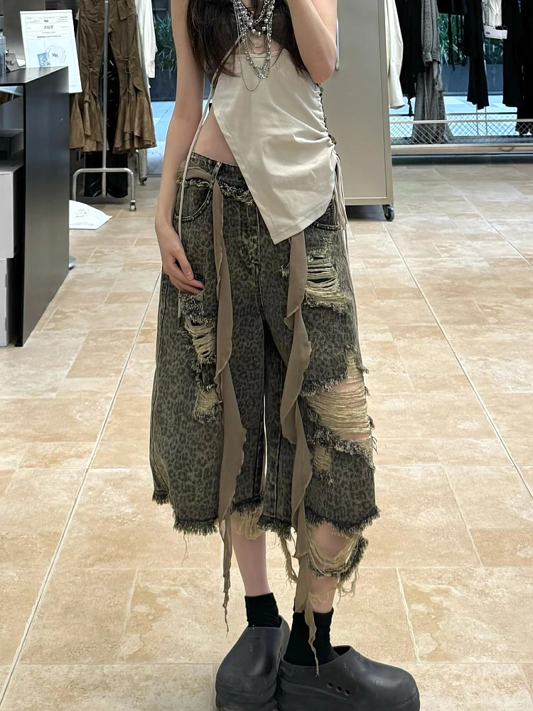 

Модные женские летние уличные шорты-капри больших размеров в американском ретро-стиле с леопардовым принтом, рваные, джинсовые, свободного кроя, с широкими штанинами