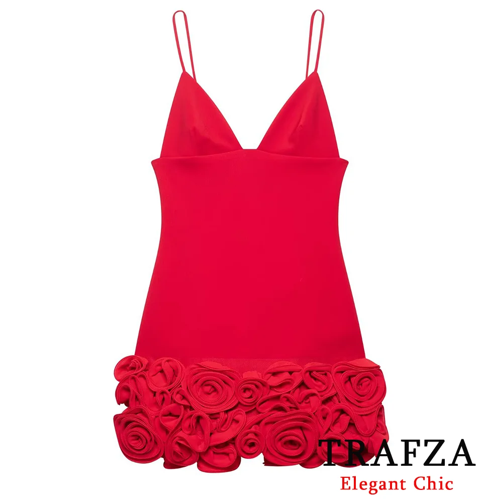 TRAFZA Women Sexy Red Rose Mini Dress V-neck Cami Dress 2025 New Spring Summer Fashion Holiday Dinner Date Party Elegant Dress
