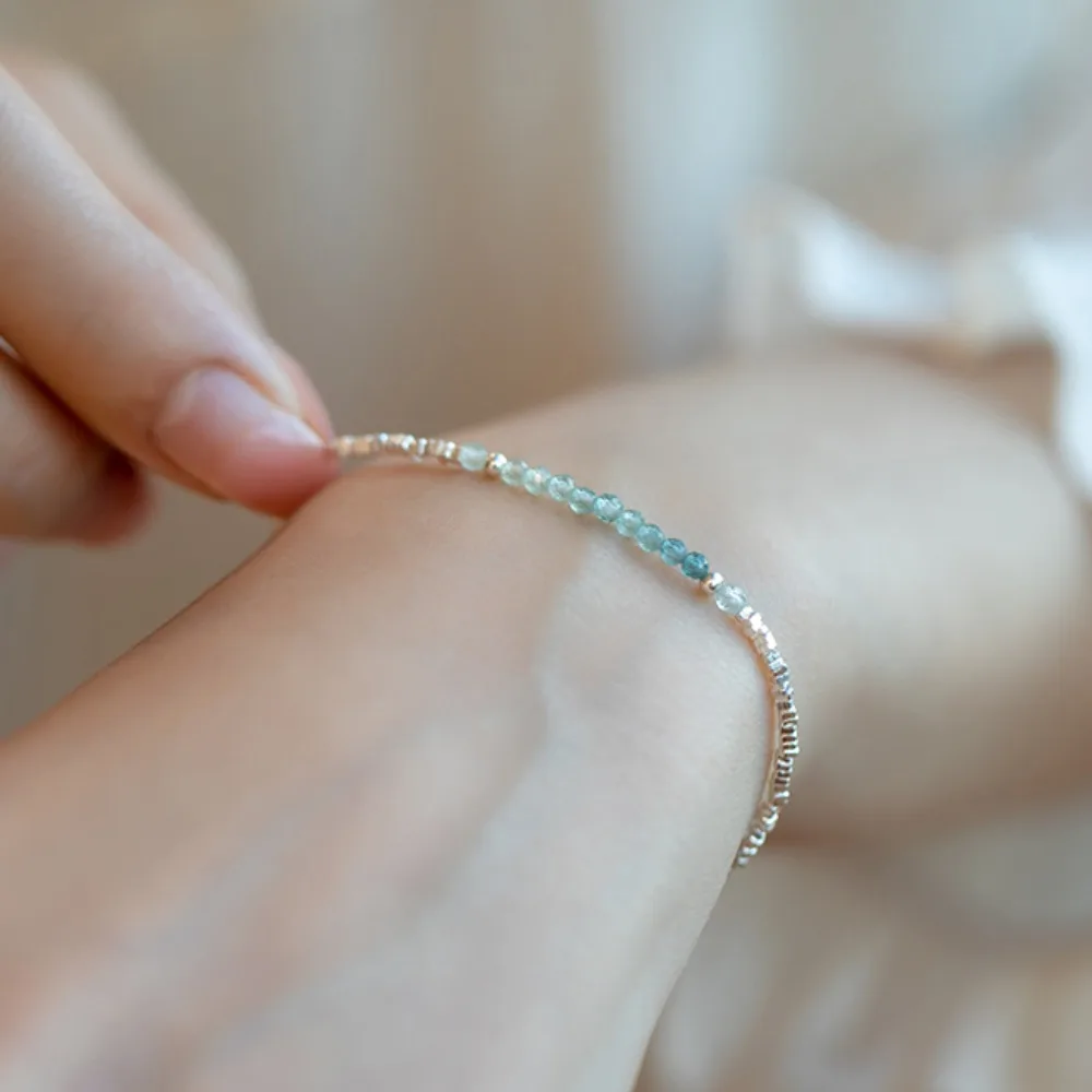 Natural Pure 990 Silver Natural Stone Gradient Blue Tourmaline Bracelet for Girlfriend Simple Gift Fine Jewerly Tassels Gift