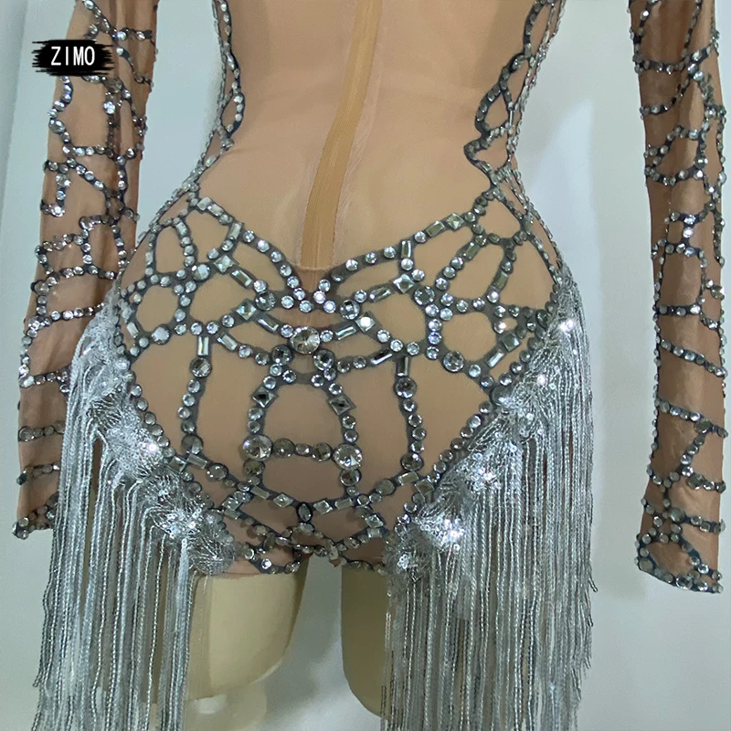 Sparkly Rhinestones Tassel Bodysuit Sexy Nude Mesh Transparent Nightclub Show Dance Costume Bar DS Singer Stage Performance Wear