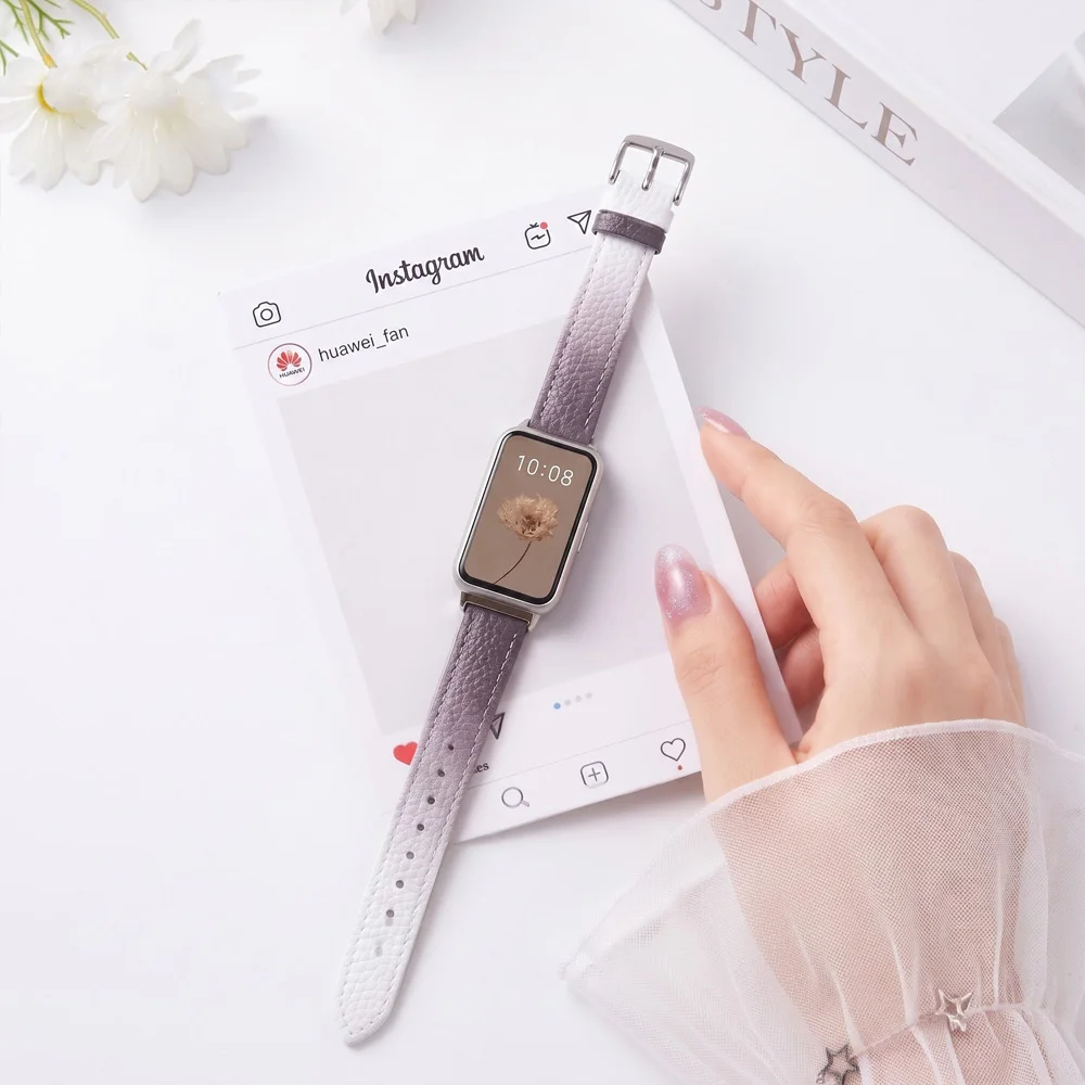 Litchi Peel Leather Band for Huawei Watch 10 9 8 Gradient Color Strap for Huawei Band 10 9 8 Adjustable Bracelet Replace Belt