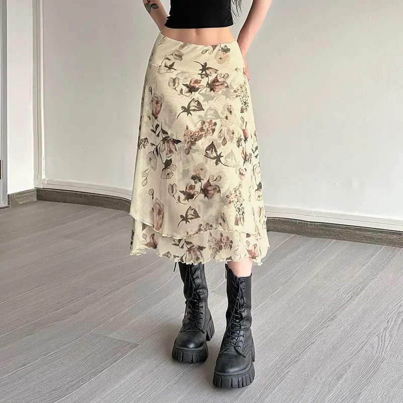 レディースファッション プリントミルクシルクスカート ローウエスト スリミング ホットガール ミッドレングス