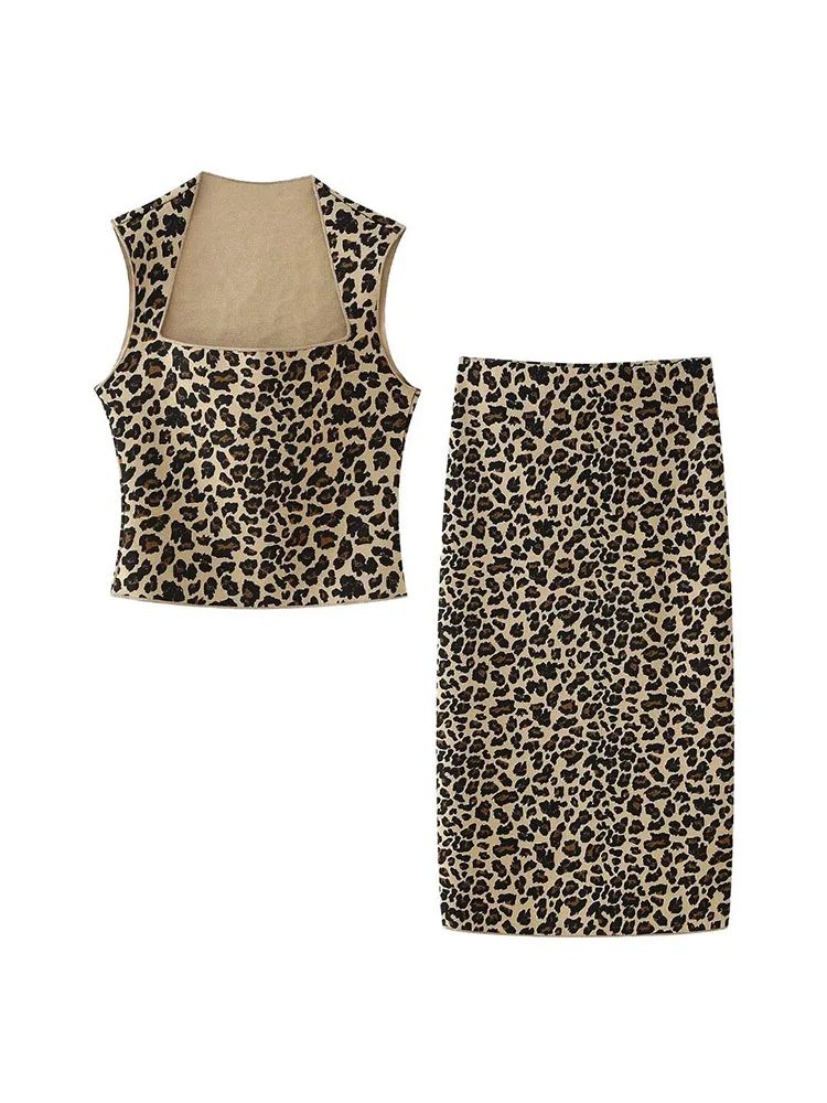 

2024 ZAR4 Summer New Women's Fashion and Elegance Animal Pattern Printed Elastic Knitted Top Skirt Set